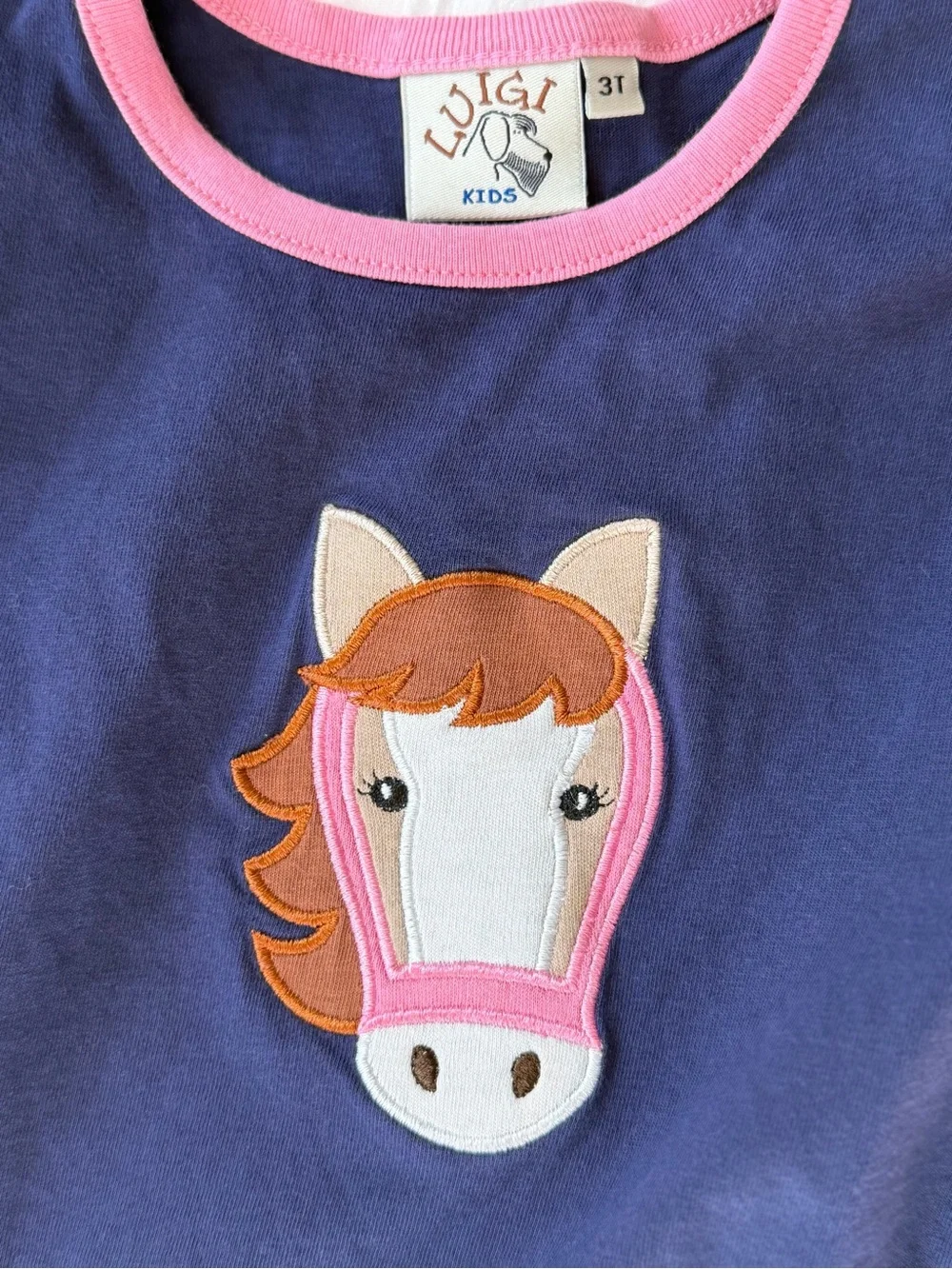 Luigi Kids 3T Navy Horse Appliqué T-Shirt Dress Pink Trim Pockets